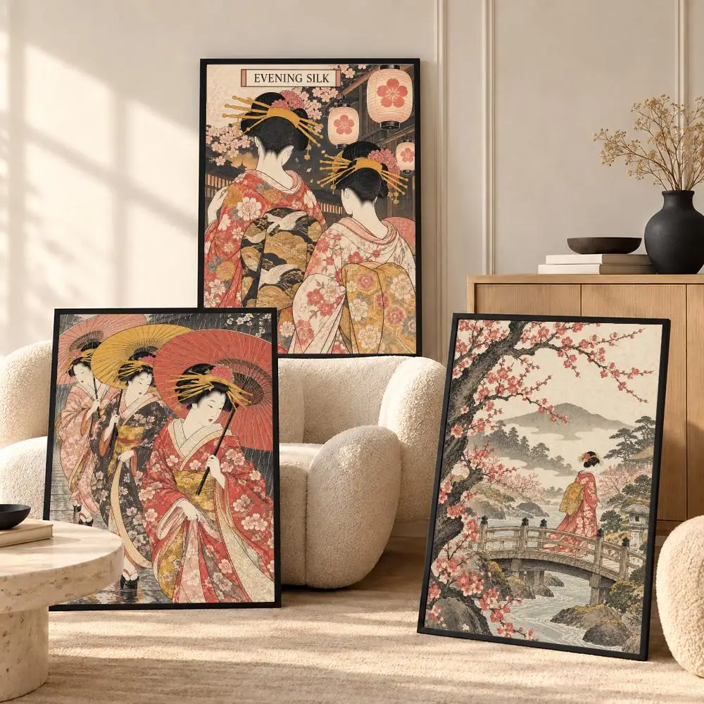 Japanese Ukiyo-e Women Poster Self-Adhesive Art Print Wall Sticker for Bedroom Living Room Hallway Office Home Decor Gift