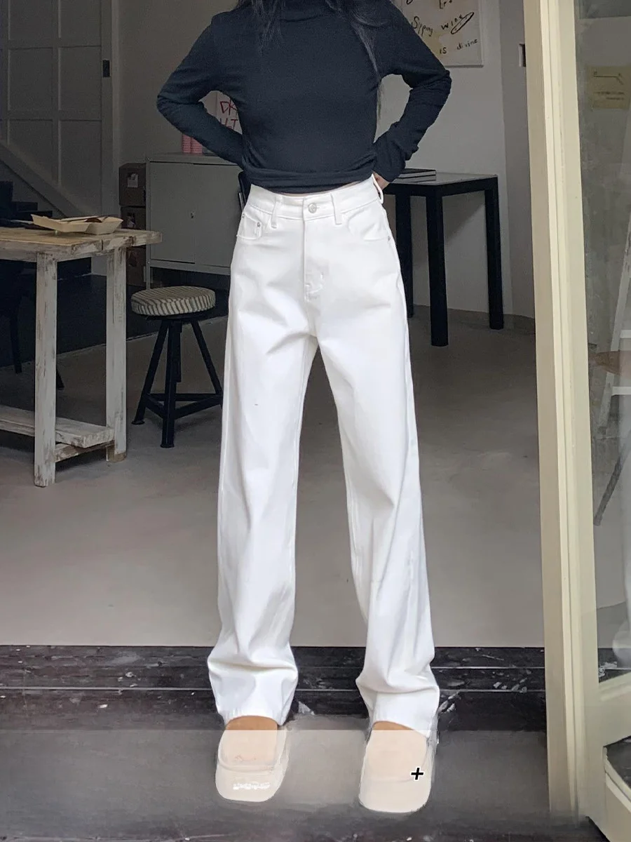 

Облегающие белые прямые джинсы с высокой талией, женские осенне-зимние эластичные свободные широкие брюки длиной до пола