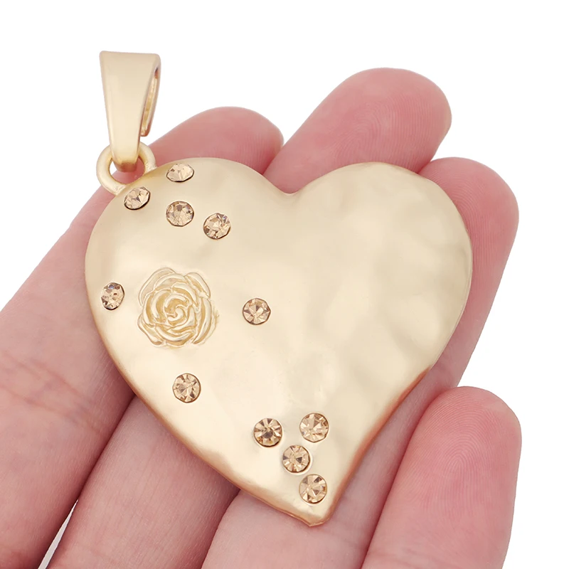 1 x Matte Gold Color Large Crystal Rhinestone Heart Charms Pendants For DIY Necklace Jewelry Making Findings Accessories 65x47mm