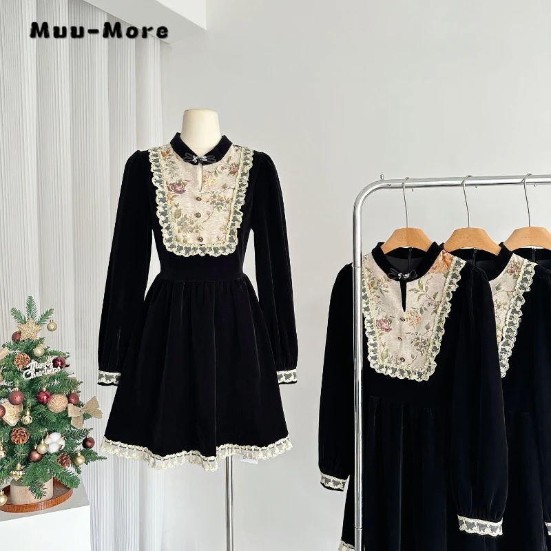 

Vintage Sweet Long Sleeve Floral Patchwork Embroidery Midi Dresses 2024 Spring Women Elegant Stand Collar Black A-Line Dress