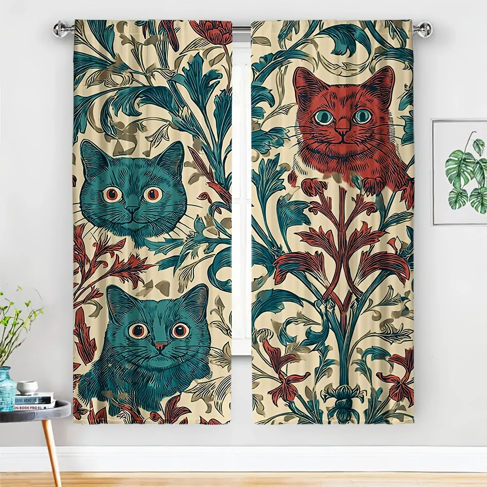 2pcs Morris-Style Botanical Curtains No Rod Oversized Feline Portraits in Teal  Rust on Cream Light-Filtering for Living, Dining