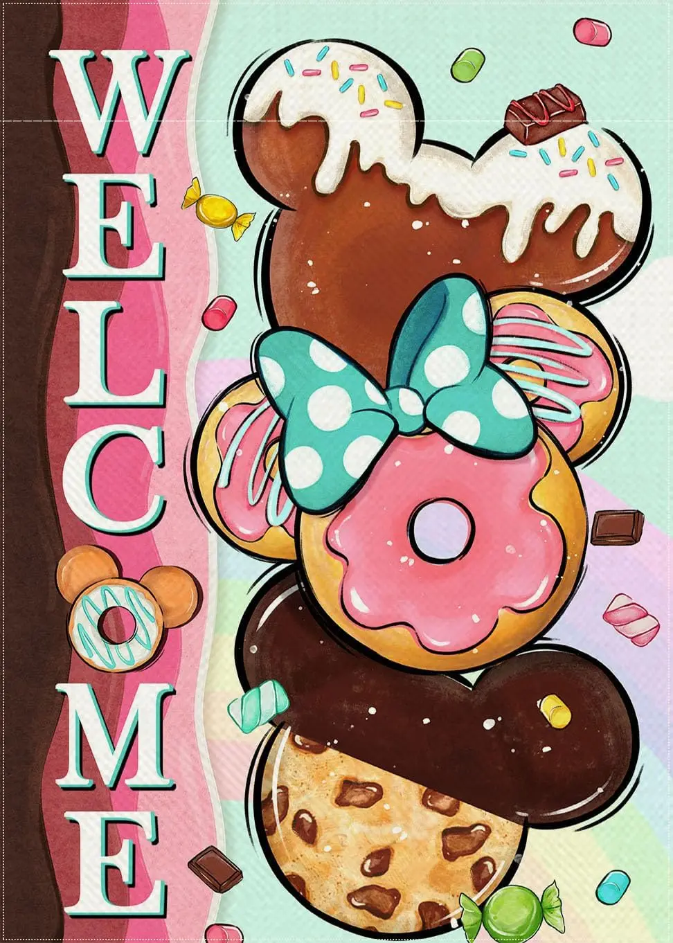Welcome Cute Donuts Decorative Garden Flag, Pink Sweet Doughnut Chocolate Candy Yard Outside Decorations, Funny Burlap Outdo SSL