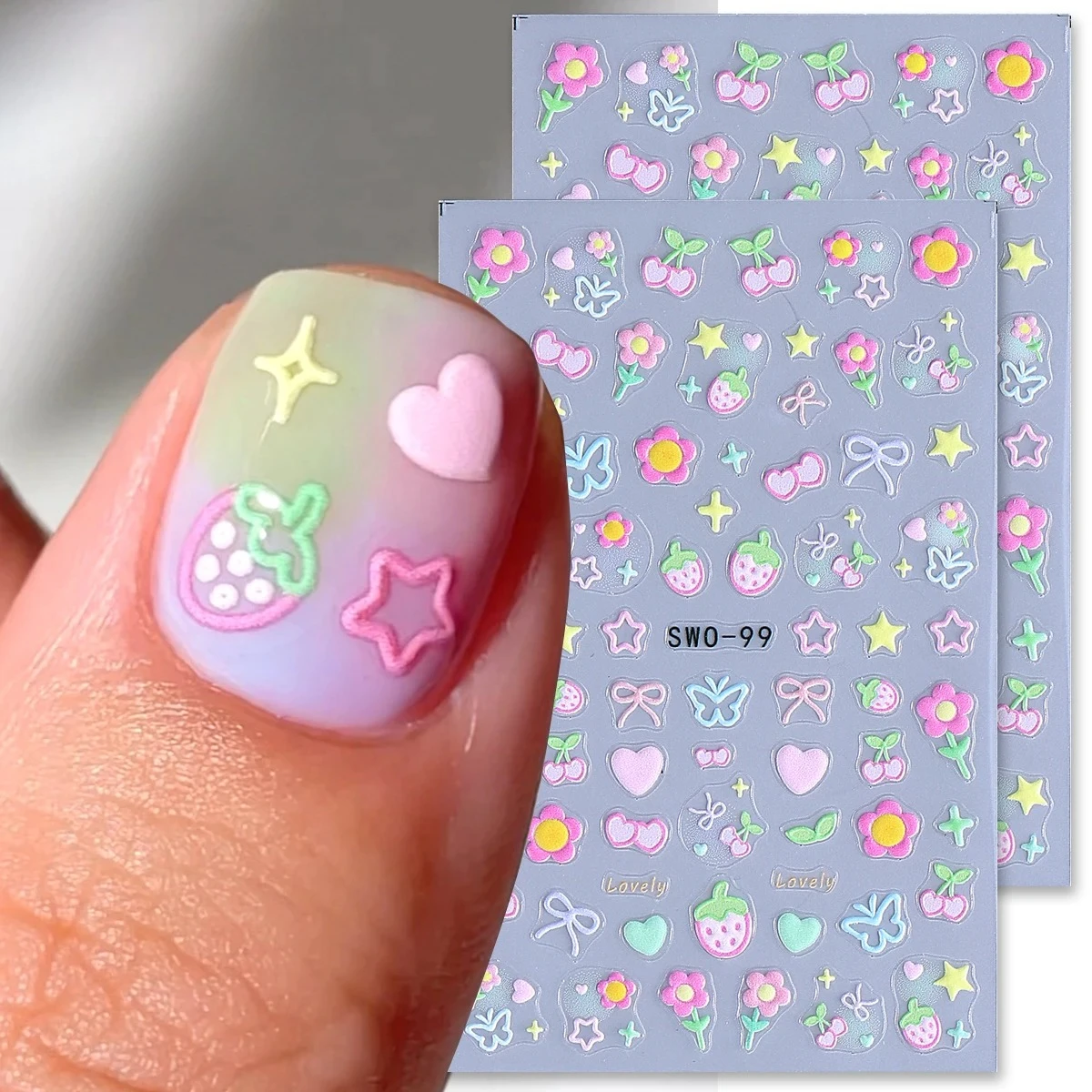 2pcs Sweet Element Nail Art Stickers Simple Flower Heart Cherry Strawberry Kawaii Decals Colorful Bow Butterfly Manicure Sliders