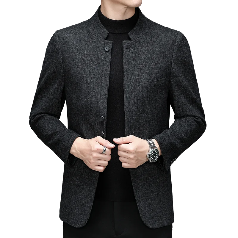 New Suit Autumn Winter Business Casual Fashion Velvet Suit Jacket Youth Zhongshan Suit Quality Stand-up Collar Men\'s Blazer