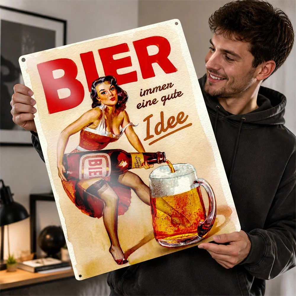 Retro Pin-up Pouring Beer Personalized 3D Textured Metal Poster Wall Art Vintage Tin Signs for Decor Room Luxury Decoration Home