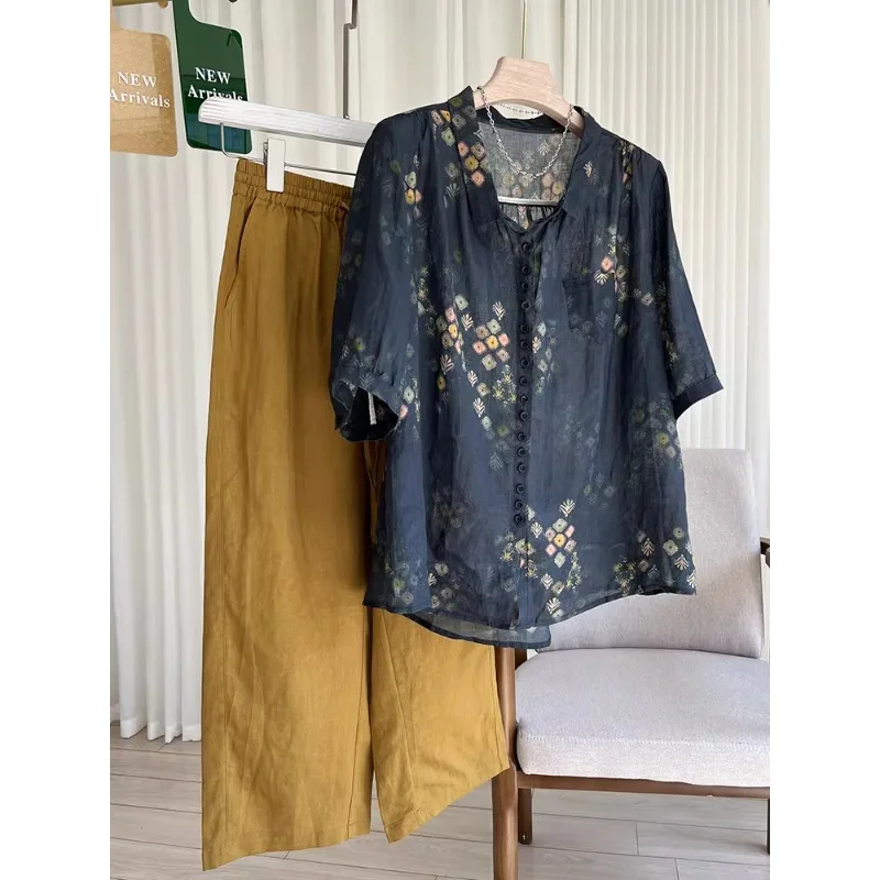 

Элитный женский костюм больших размеров: топ с принтом и повседневные брюки из хлопка и льна, коллекция Весна-Лето 2026