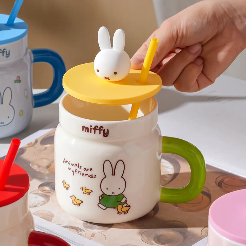 Kawaii Cartoon Miffys Ceramic Cup Cute Rabbit Mark Cup Cartoon Pattern Coffee Mug Household Mug with Straw Creative Girl Gifts