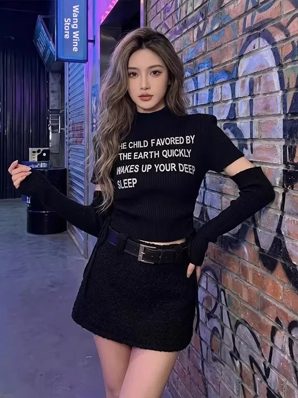 American Style Spicy Letter Half High Neck Knitted Shirt Women's Slim Fit Base Shirt Spring 2026 Drawstring Tie Top