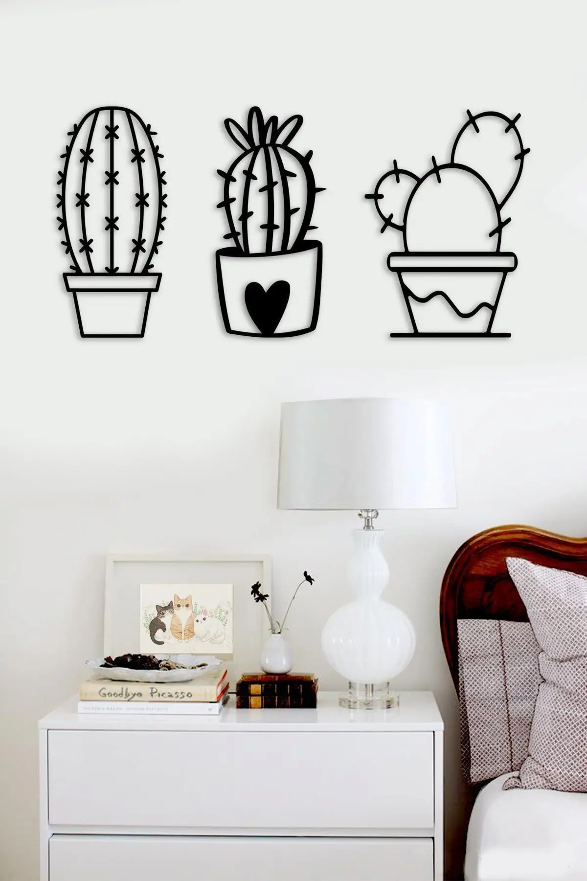 3Pcs Cactus Wood Frame Laser Cut Wall Decor Hanging Wall Decoration Office Livingroom Stylish Design Black Decor Modern Design