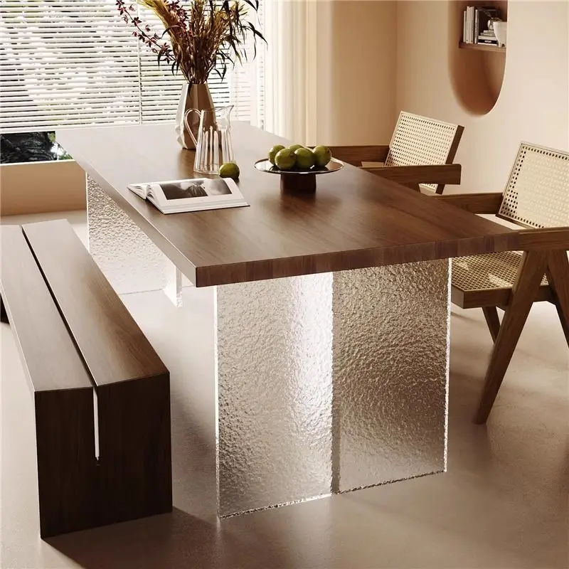 Acrylic suspended walnut dining table living room solid wood long table household large tea table
