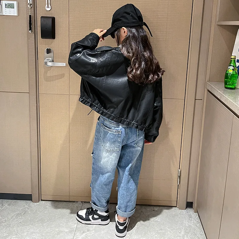 Girls Leather Jacket Autumn Trendy Cool Teenage Kids PU Outerwear Black Casual All-match Streetwear Kids Coats 10 12 13 14 Years