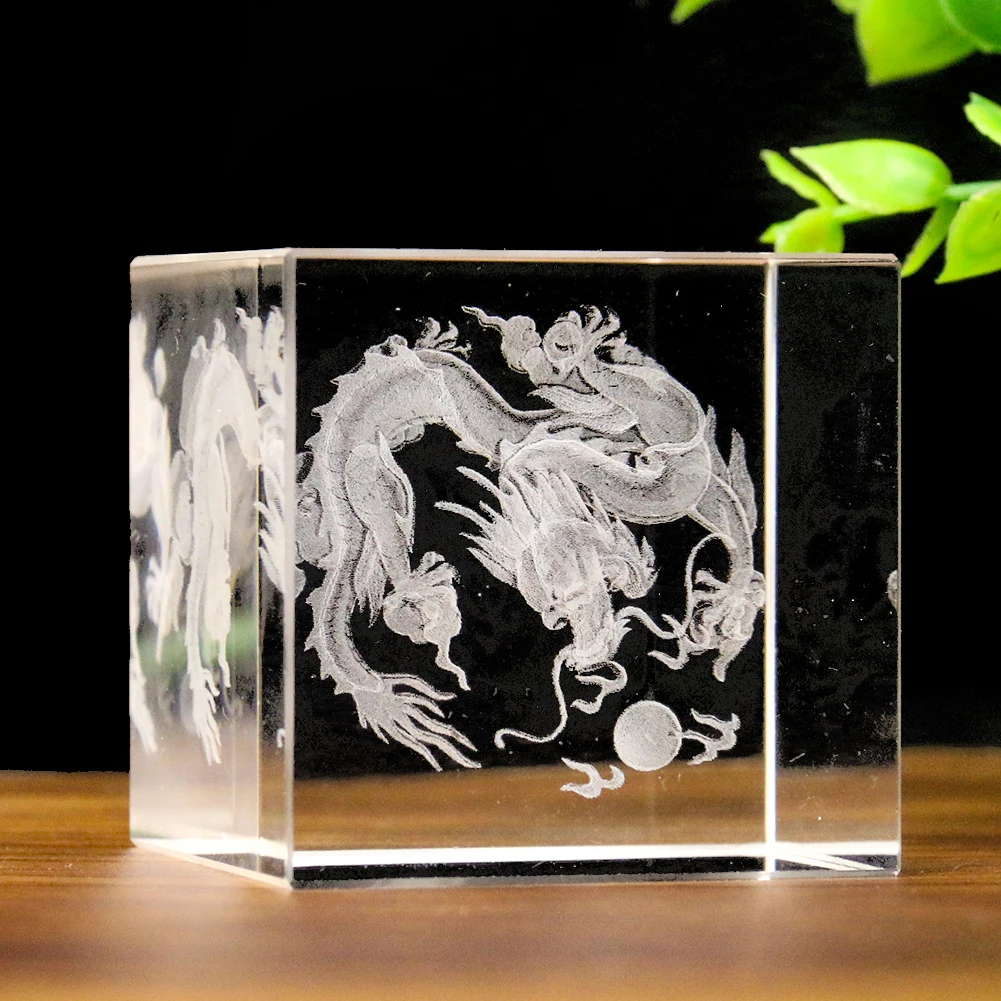 

Muy Bien Crystal Cubes 3D Laser Inside Carving Dragon Pattern Ornament Paperweight Home Desktop Handicraft Decorations