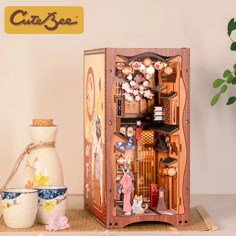 CUTEBEE DIY Book Nook Wooden Bookshelf Insert Miniature House Booknook Sakura Model Kits Collection Toy for Birthday Gifts