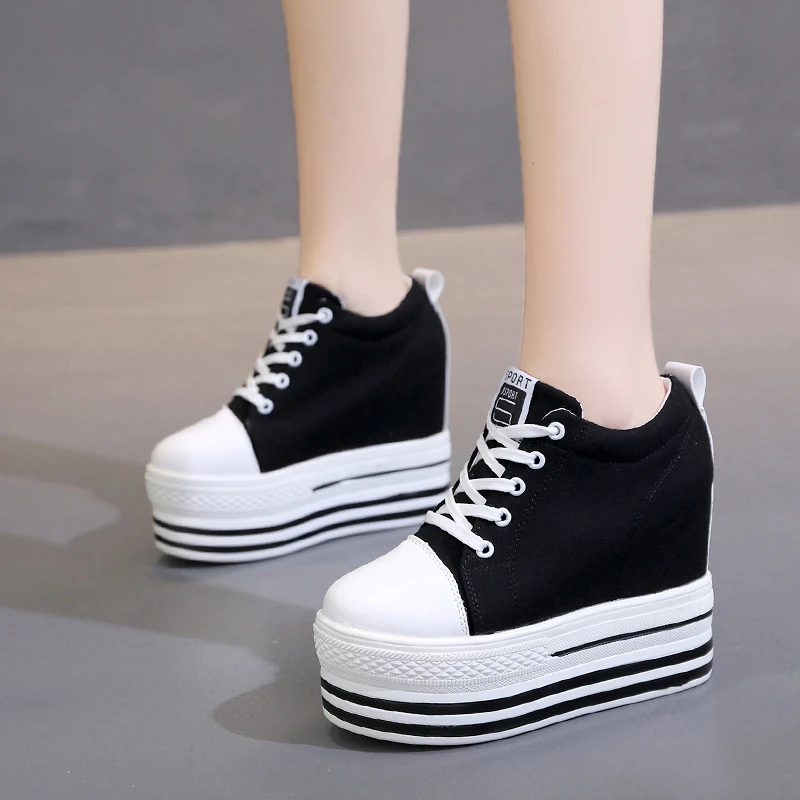 Super high heel platform sneakers women spring and autumn slope with casual canvas shoes black fashion single shoes flat loafers