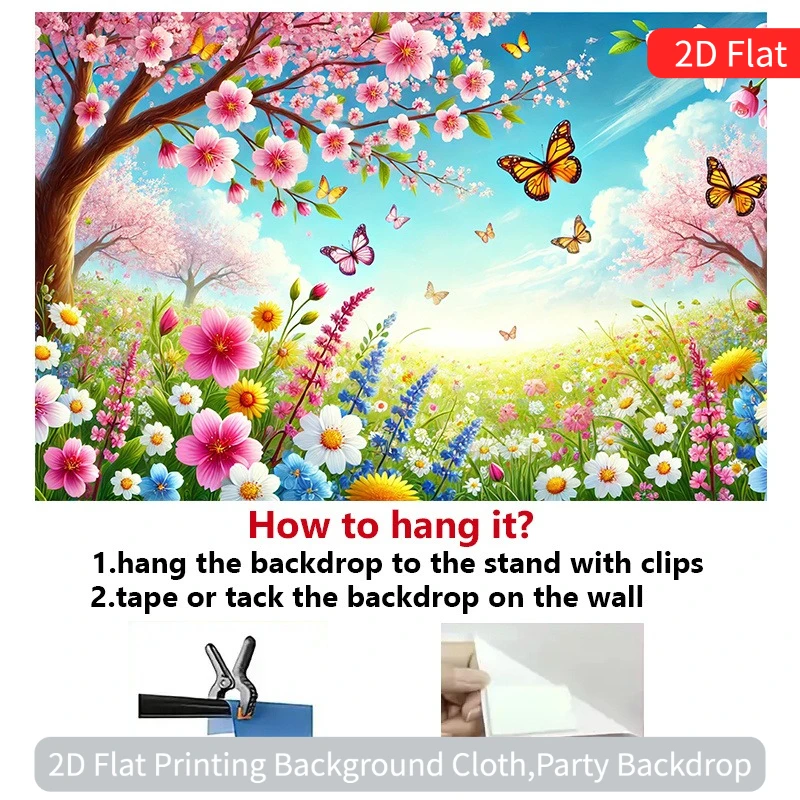 لافتة خلفية مسطحة 2D قطعة واحدة من عشب الربيع الحيوي والفراشة من البوليستر، مناسبة لكل من الحفلات المنزلية والخارجية