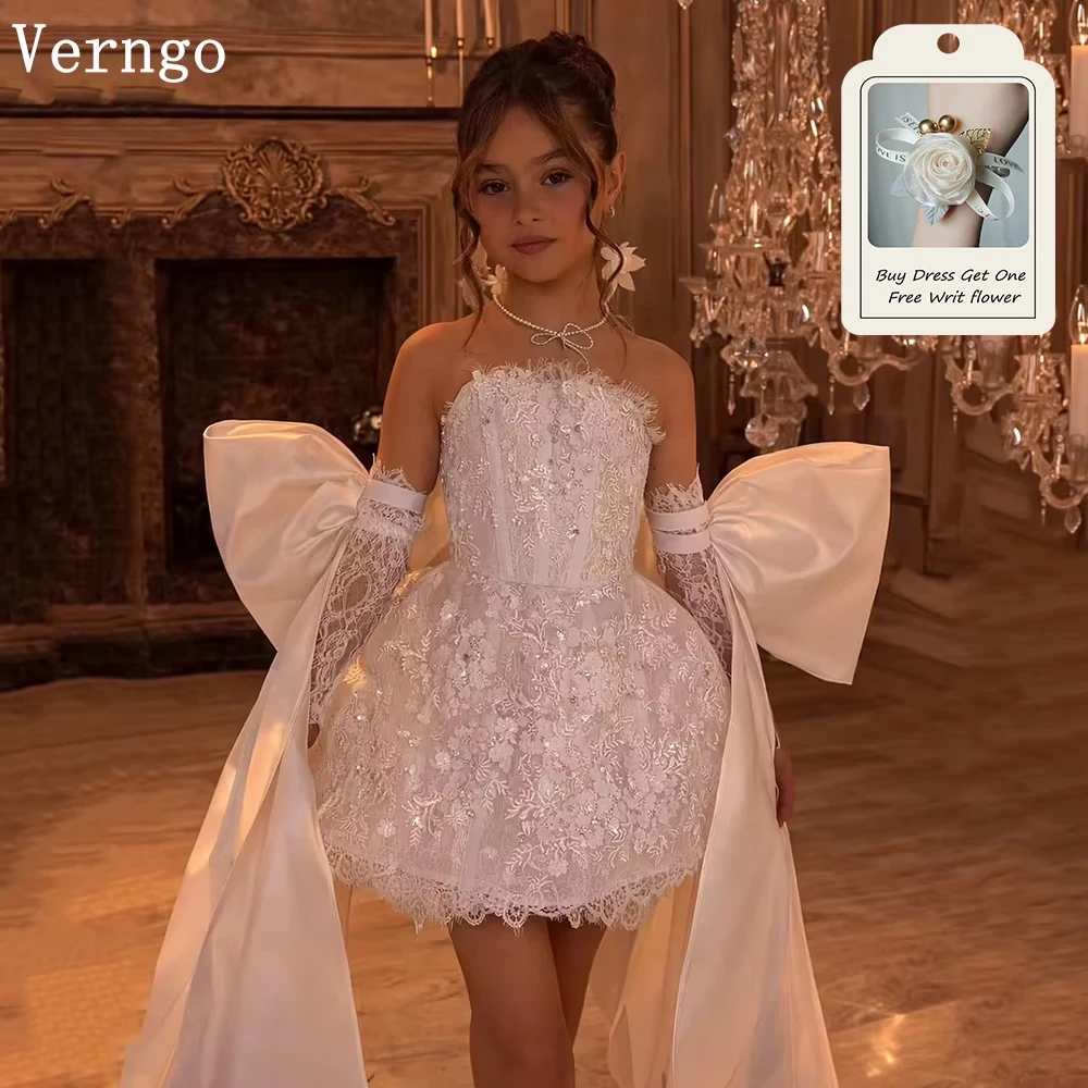 Verngo Luxury Lace Mini Girl Birthday Party Dress Strapless Bow Princess Kid Prom Dress Child Ceremony Girl Dress Customized