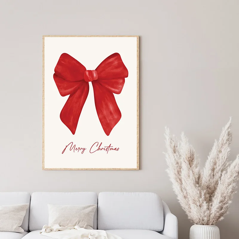 Merry Christmas Red Bow Trendy Guest Check Typography Poster Print Canvas Painting Holiday Wall Home Decor Cuadros
