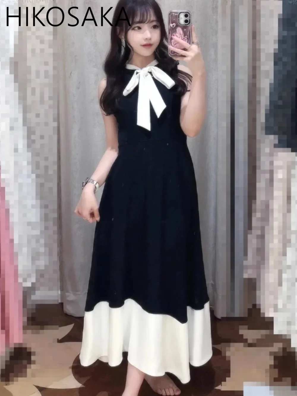 

Contrast Color Bow Lace Up Collar Sleeveless Tank Robe Japanses Commuter Elegant Slim A-line Dress Fashion Spring Summer Vestido