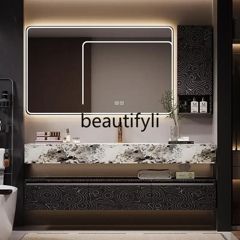 

New Arrivals D06 Bathroom cabinet combination luxur stone seamless ceramic integrated basin rock slab toilet hand wash basin cab