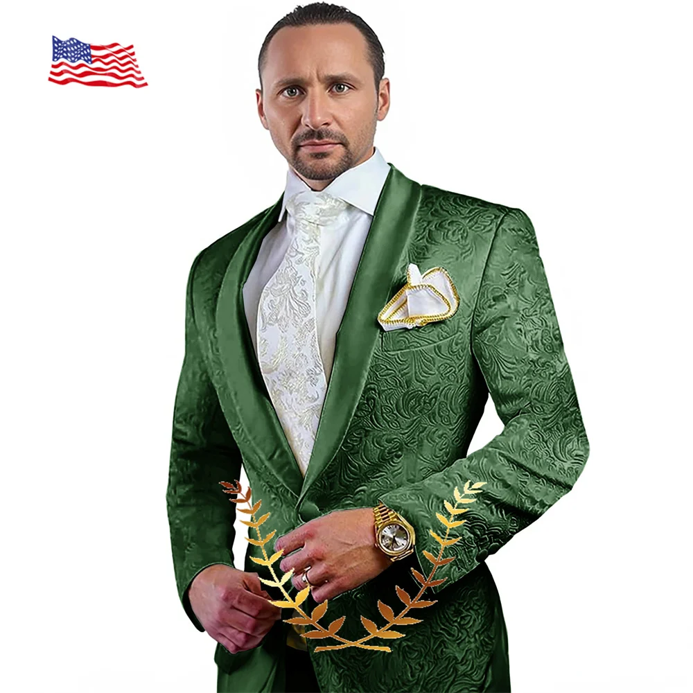 Elegant Men\'s Suit Wedding Groom Tuxedo 2 Piece Set White Pattern Jacket Pants Formal Party Full Men\'s Suit