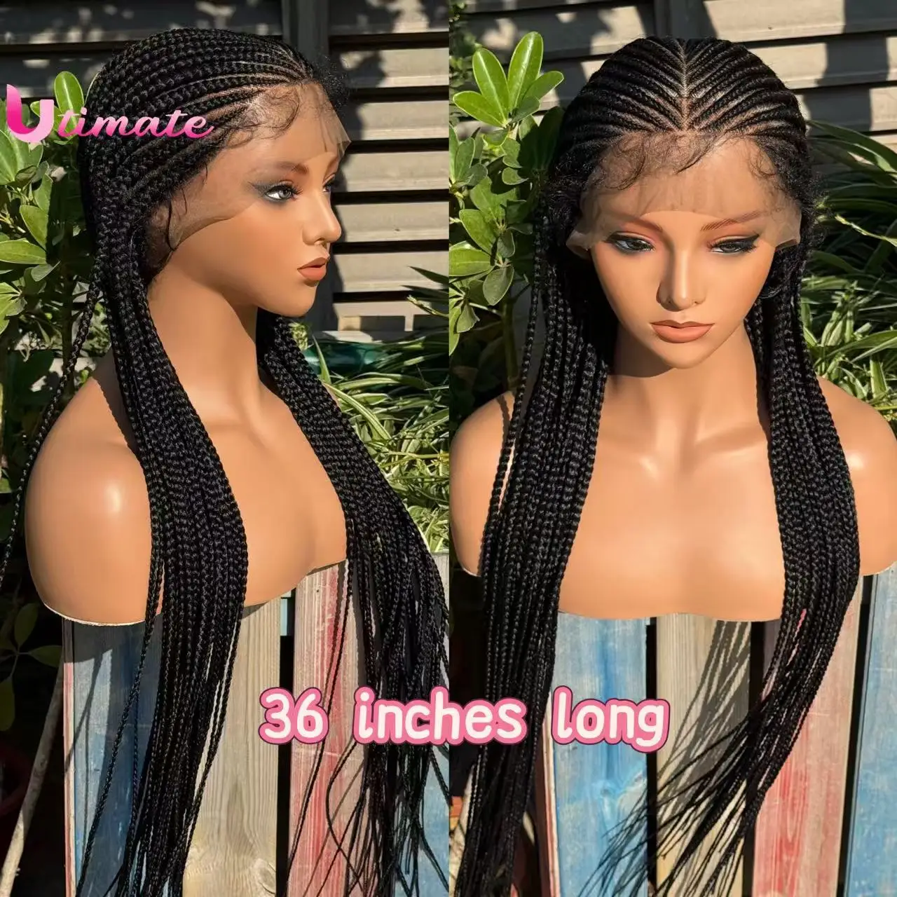 Perucas Trançadas Sem Nó, Tranças Fulani Sintéticas de 36 Polegadas, Peruca de Renda Completa Transparente com Cabelo de Bebê para Mulheres Negras