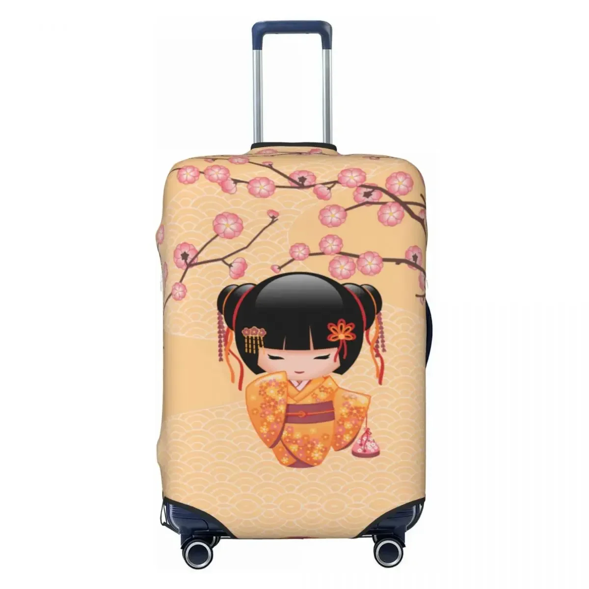 

Kawaii Kokeshi Doll Cherry Blossoms Travel Luggage Cover Dust Proof Japanese Geisha Girl Suitcase Cover Protector Fit 18-32 Inch