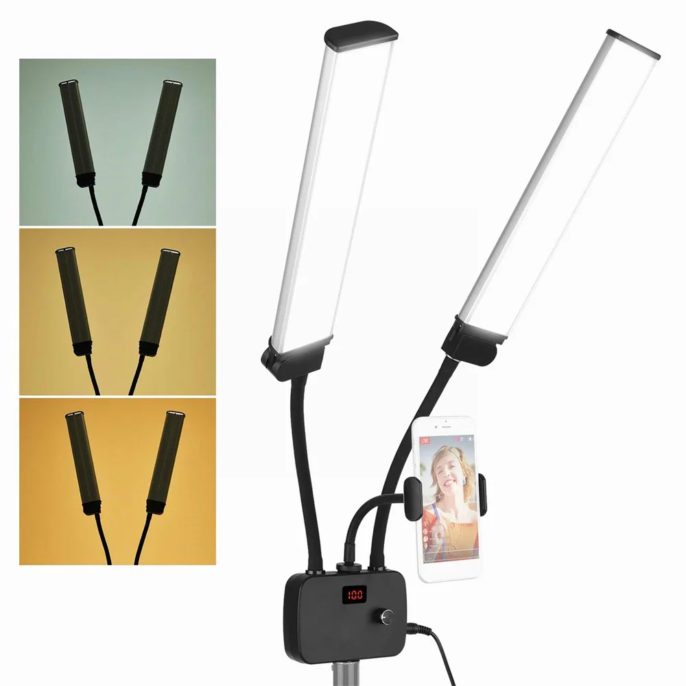 Flexible Double Arms LED Fill Light Bi-color Dimmable LED Video Light 3 Lighting Modes with Phone Holder for Makeup Live Stream