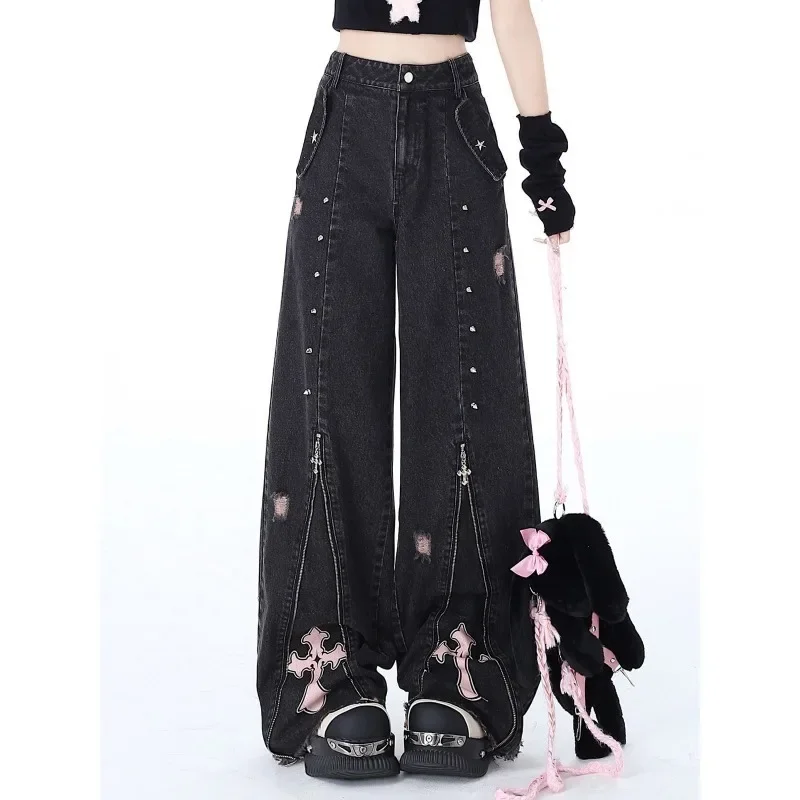 

Deeptown Y2k Black Gothic Women Jeans Harajuku Vintage Wide Leg Japanese 2000s Style Denim Pants Baggy Grunge Trousers Punk