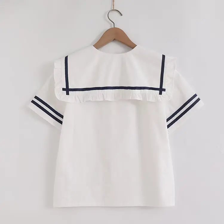 جديد 2025 قميص قطني بأكمام قصيرة للخريف ، زر مرقع بياقة بحار للسيدات ، بلوزة فضفاضة على طراز موري جيرل على طراز بريبي T570108CC