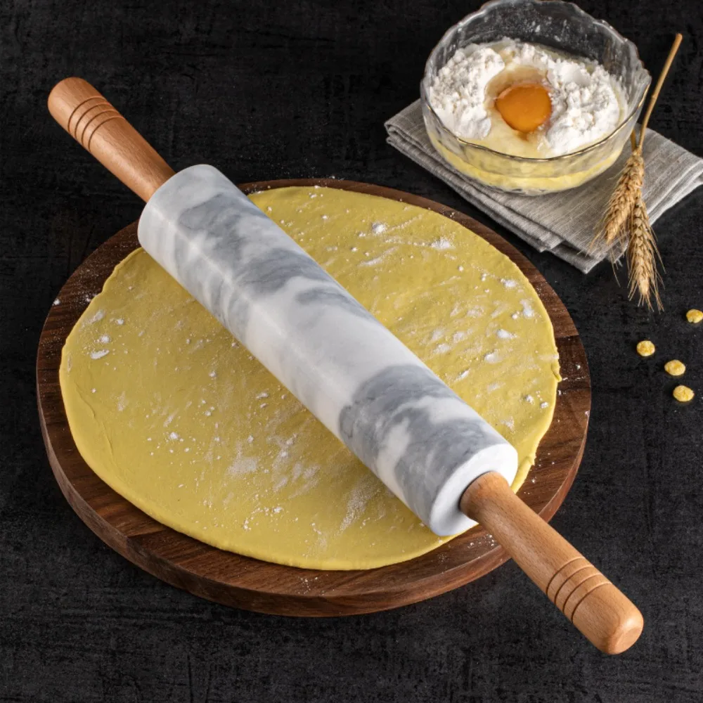

Durable Wooden Handle Marble Rolling Pin Smooth Surface with Storage Base Dough Roller Nonstick Rolled-out Dough Stick Pie