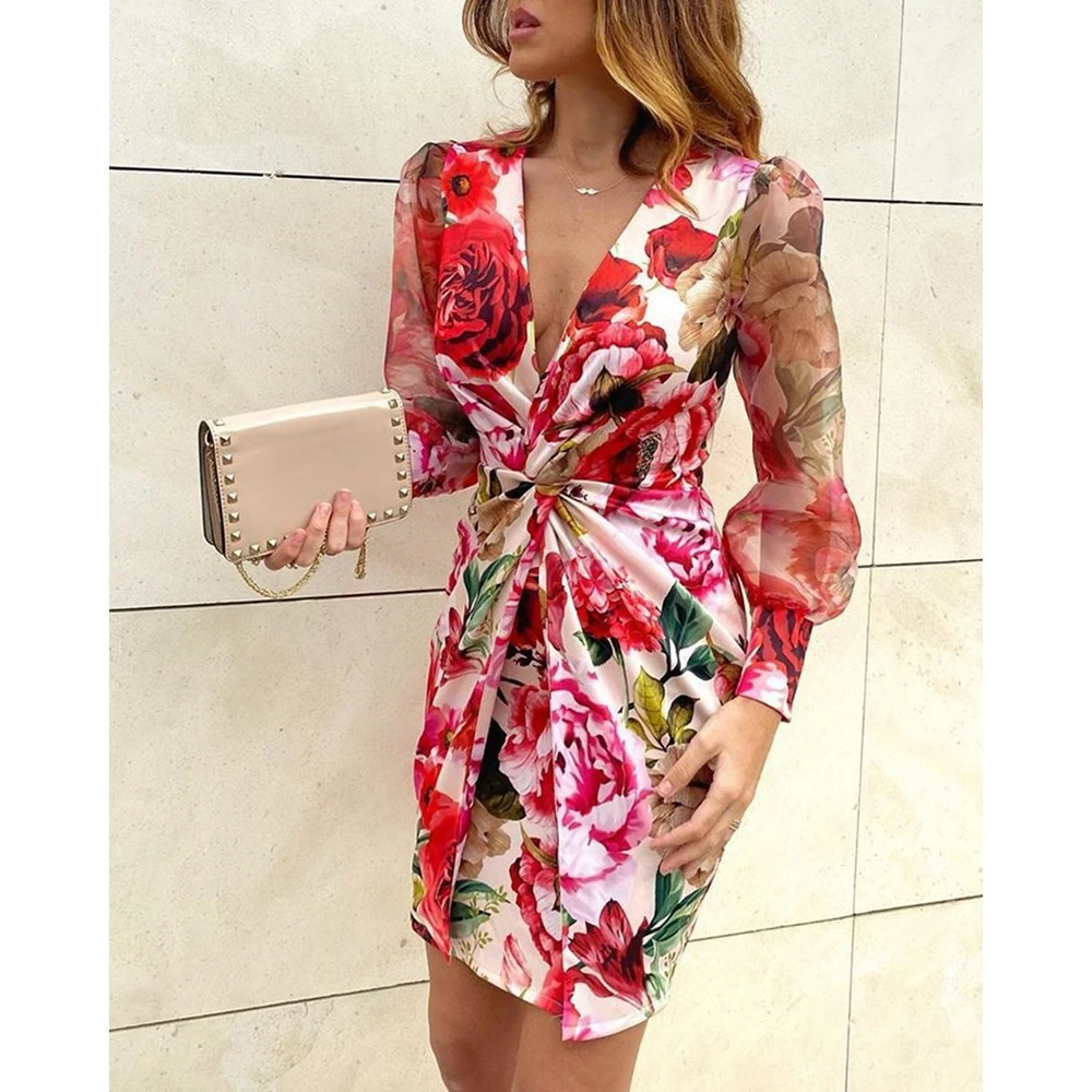 

Autumn Women Floral Print Twist V-neck Bodycon Sexy Dress Office Lady Sheer Mesh Long Sleeve Mini Dress Spring Party Workwear