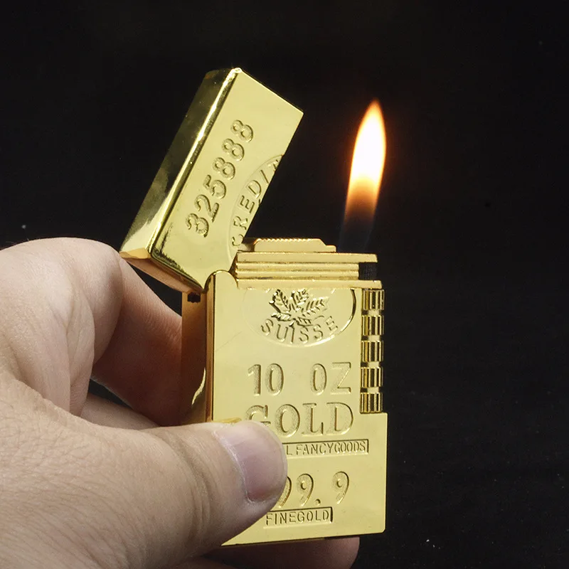 Creative Gold Bar Flashlight Lighter Metal Butane Gas Smoke Pipe Lighter Inflatable Flameless Lighter Smoking Accessories Gadget