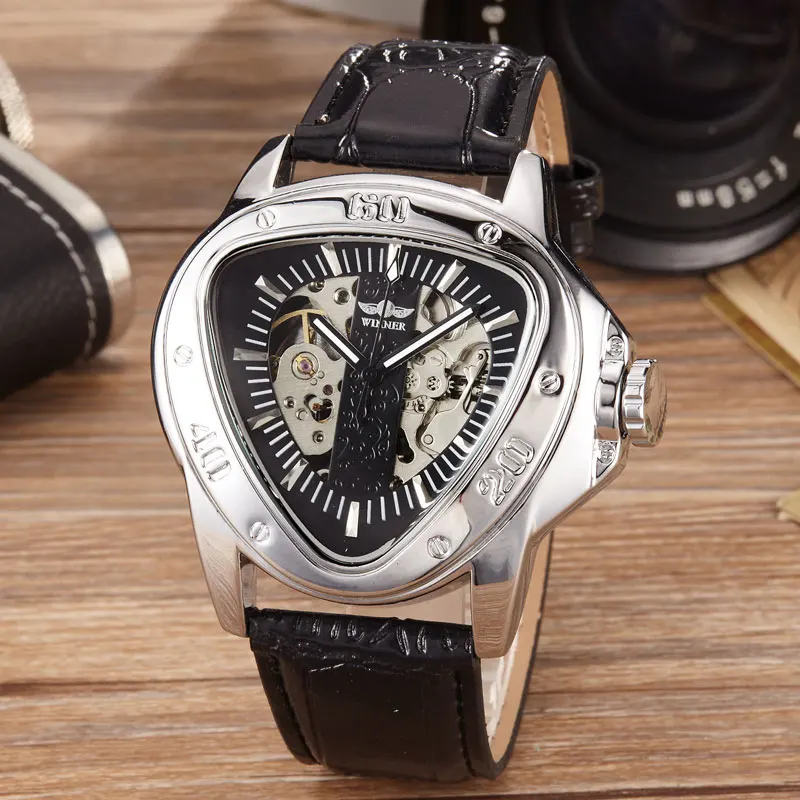 Hip Hop Triangle Skeleton Men's Watch Automatic Mechanical Movement Black Leather Strap Sport Wristwatch Trendy Gift for Men New
