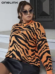 ONELINK Plus Size Women's Sweater Sexy Zebra Print Brown Black Crew Neck Knitting Pullover Long Sleeve Flat Stitch Oversize Top