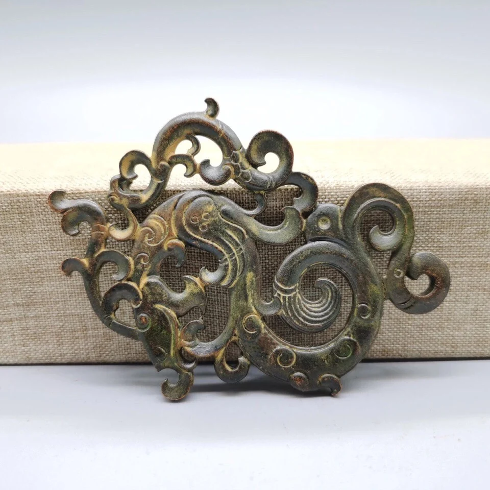 Antique Collection Retro Feng Shui Hollow Dragon Pendant Statue Antique Bronze Double-sided Town House Transfer Home Decoration