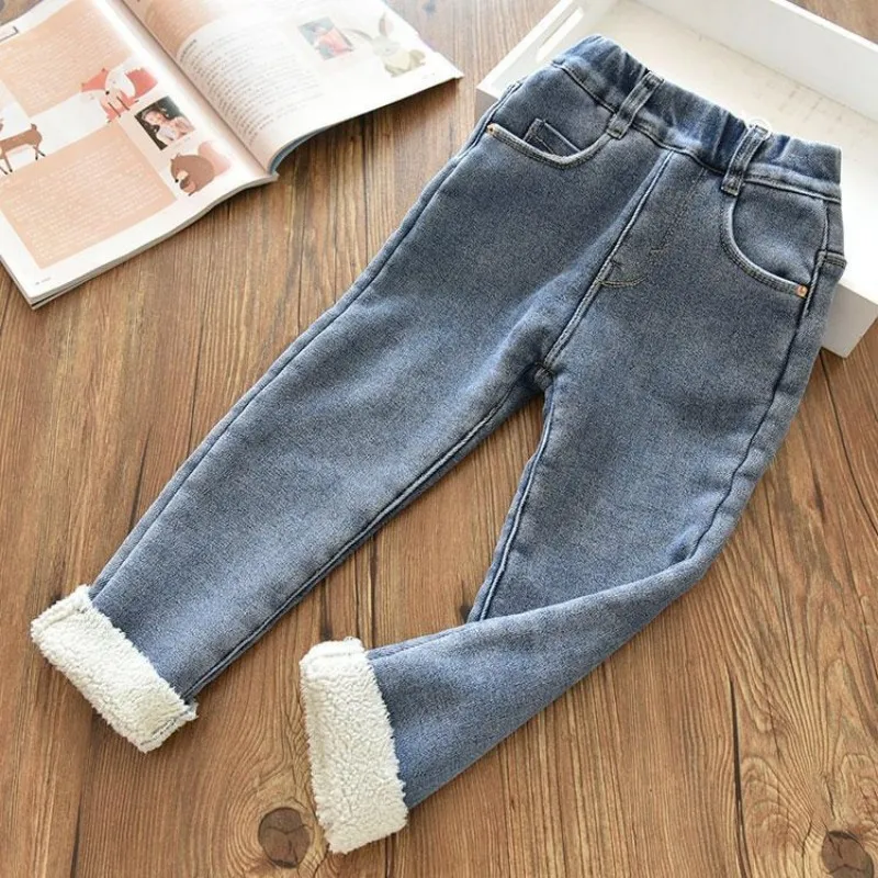 Autumn and Winter Girls\' Jeans New Thickened Plush Jeans Children\'s Slim Fit Elastic Warm Cotton Pants 3-7Y