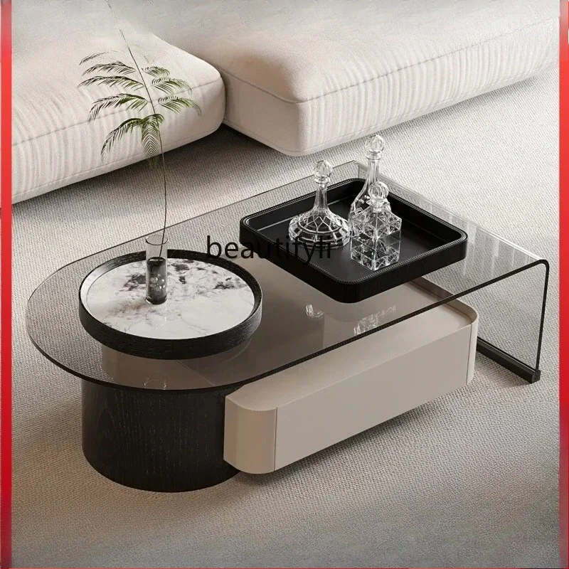 

Italian minimalist retractable coffee table living room household tempered glass tea table rectangle