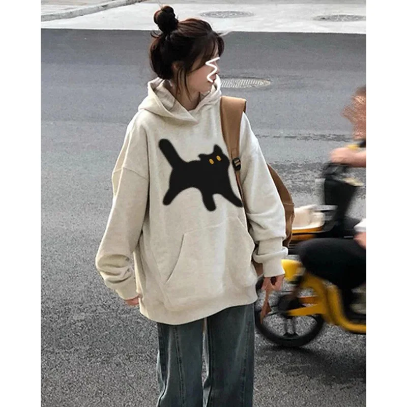 

Женская толстовка с изображением кота в американском стиле ретро, новинка 2025, осень и зима, свободная корейская версия, топ с капюшоном