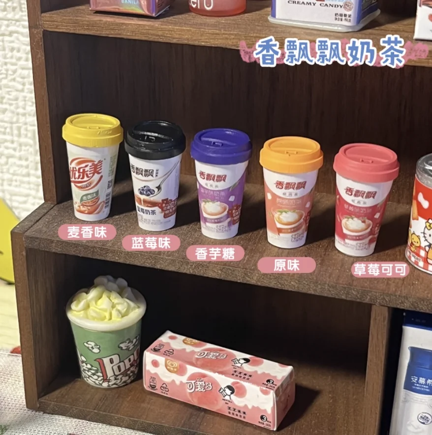 Conjunto de bebidas em miniatura feito à mão escala 1/6, bebidas realistas para casa de bonecas: Yakult, Vita C, cena de café com chá de leite Boba e exibição BJD