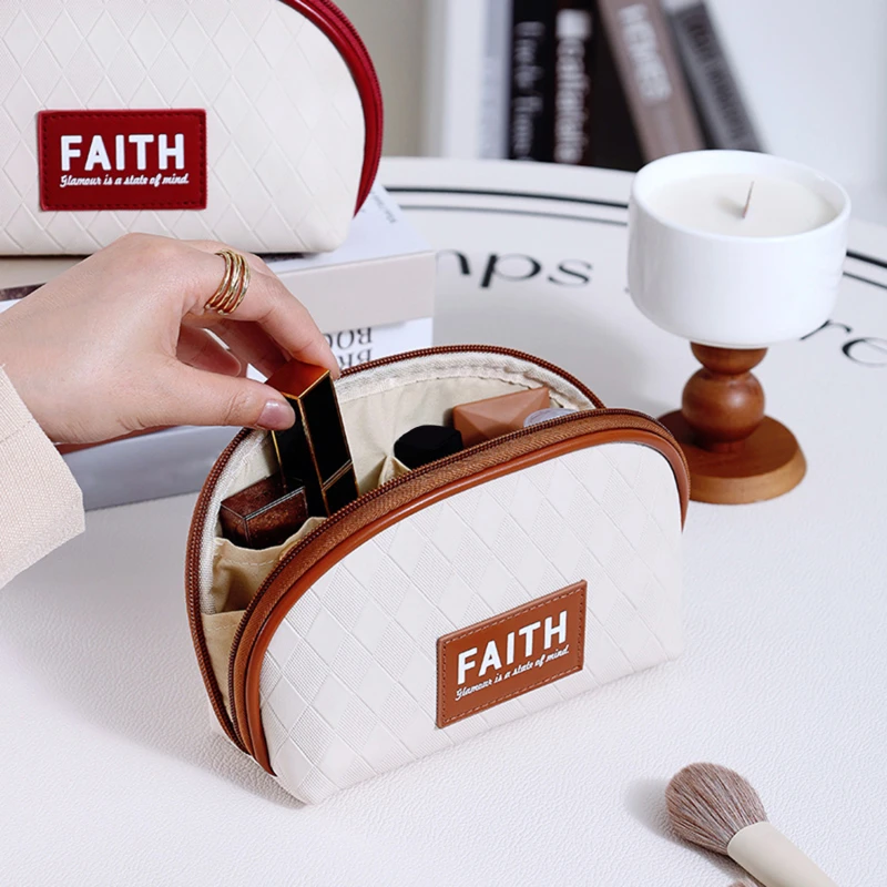 

Letter Leather Lattice Cosmetic Bag Half-round Large Capacity Shell Shape Makeup Bag Waterproof Simple Lattice Travel Wash Bag