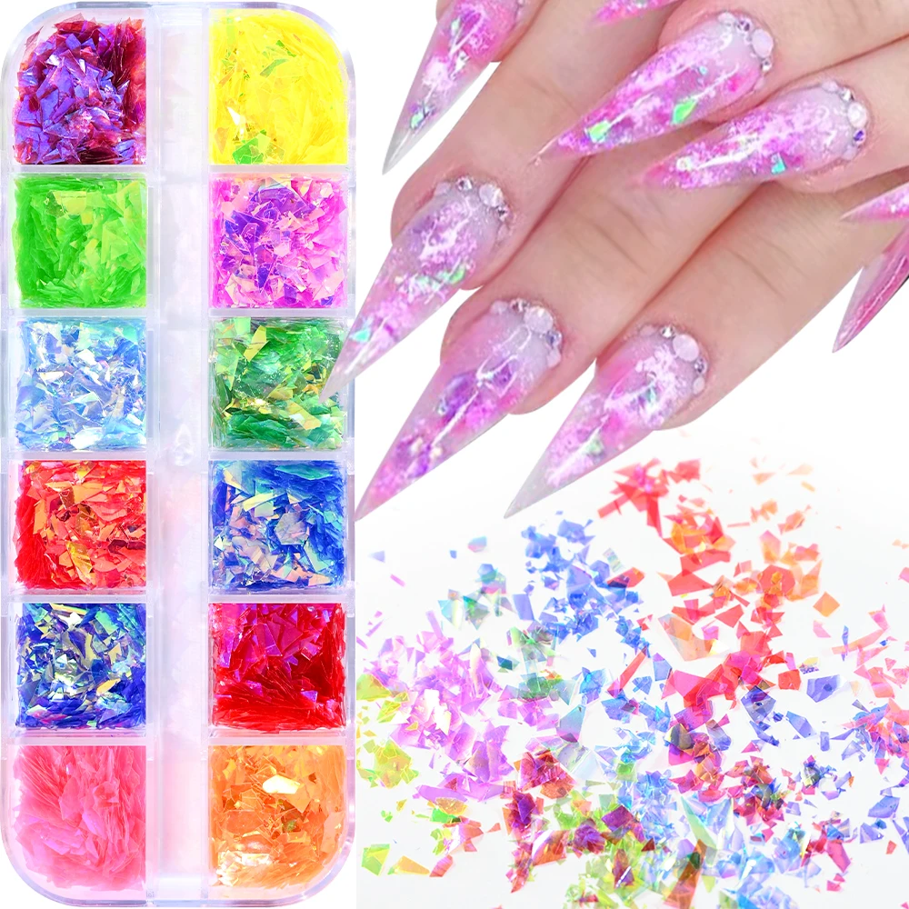 1Box 3D Aurora Iridescent Nail Sequins Irregular Fragment Glitter Sparkly Slice Flakes Holographic Sequins Nail Art Decoration