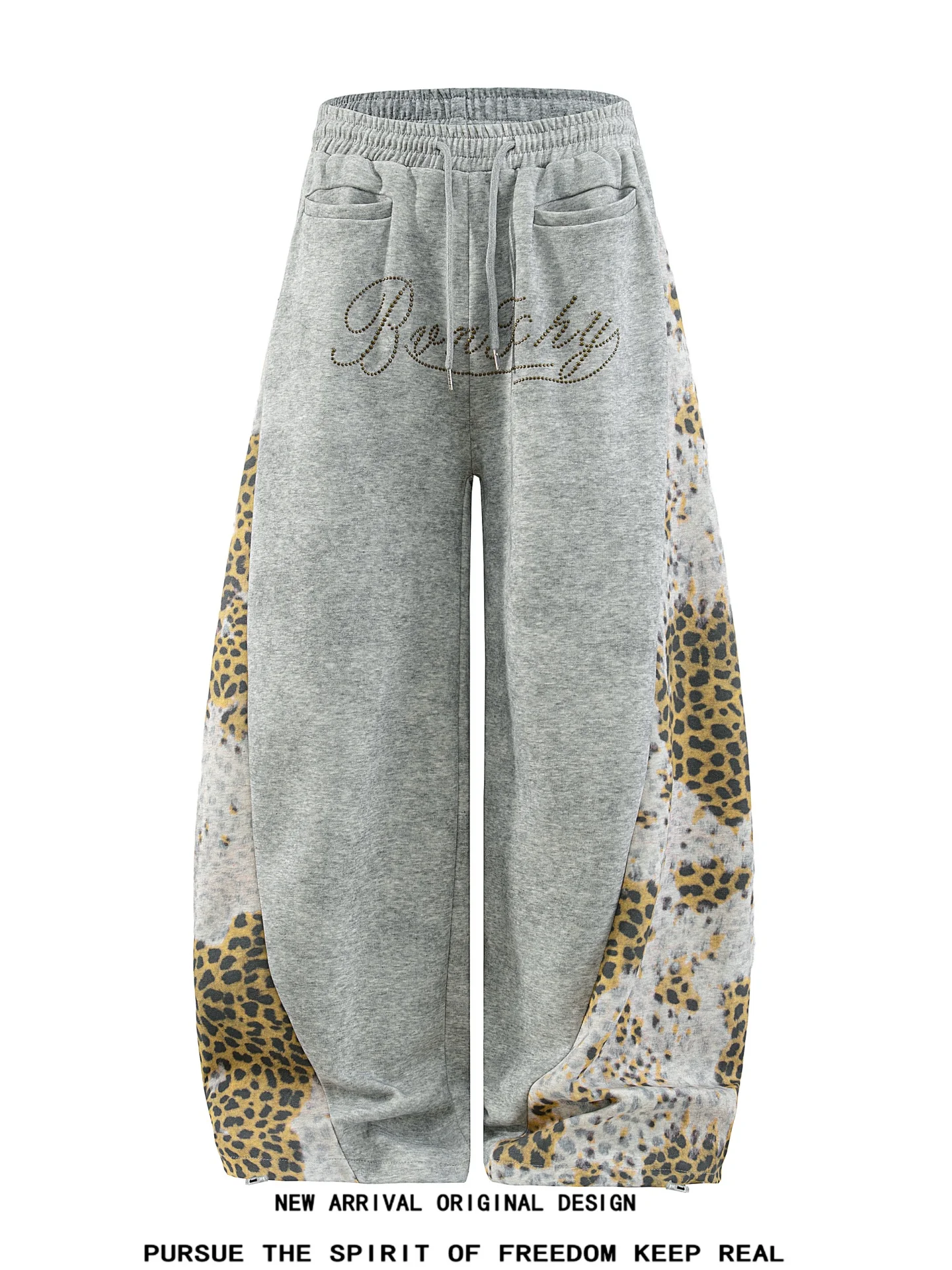 Y2K Leopard Print Patchwork Grey Sweatpants Men's Heavy Embroidery Letter Loose Knife Wide Leg Pants Jazz Dance Casual Pants
