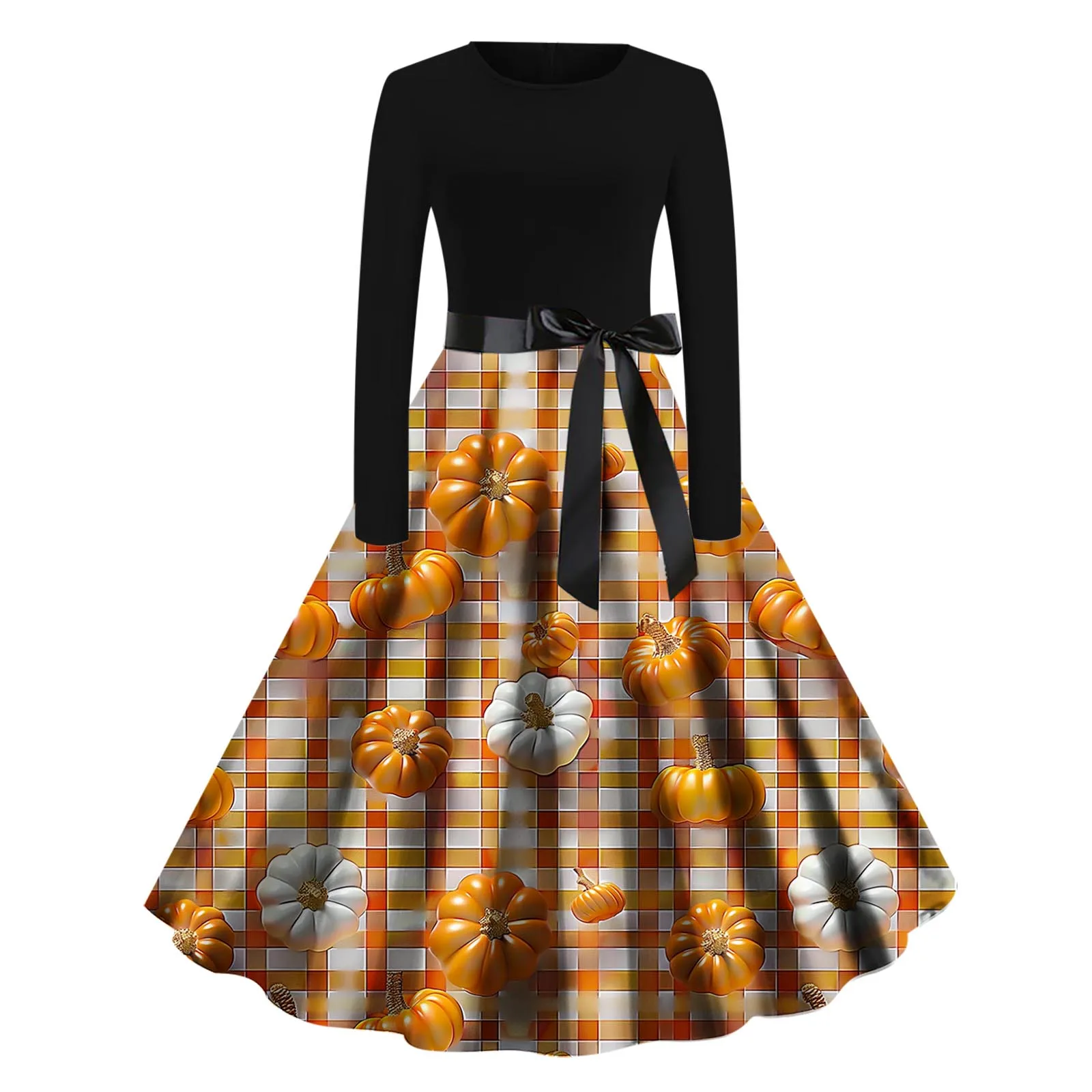 Conjunto de vestido estampado de Halloween feminino, estampa abóbora, mangas compridas, vestidos de festa com o pescoço, saia longa, moda mulher, outono, inverno, 2022