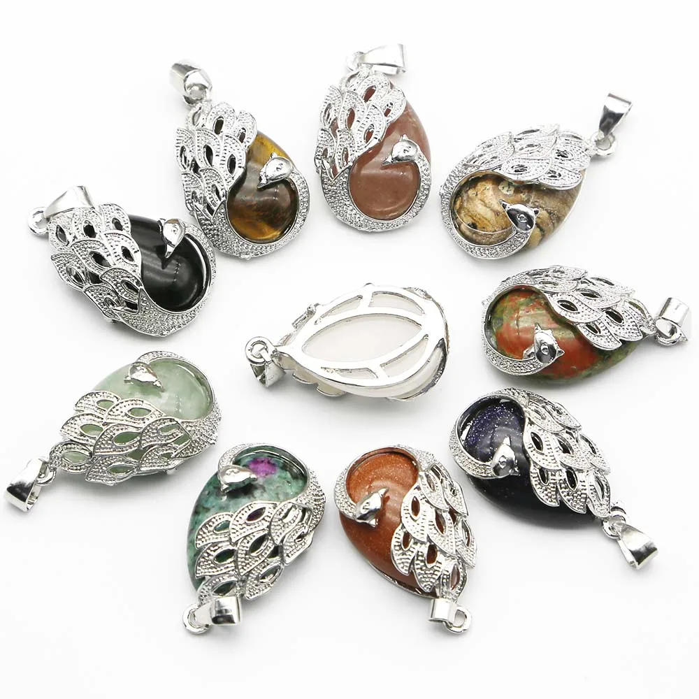 Natural Stone Crystal Agate Alloy Peacock Imitation Silver Pendant Multicolor Necklace Charm Jewelry Accessories Wholesale 12Pcs