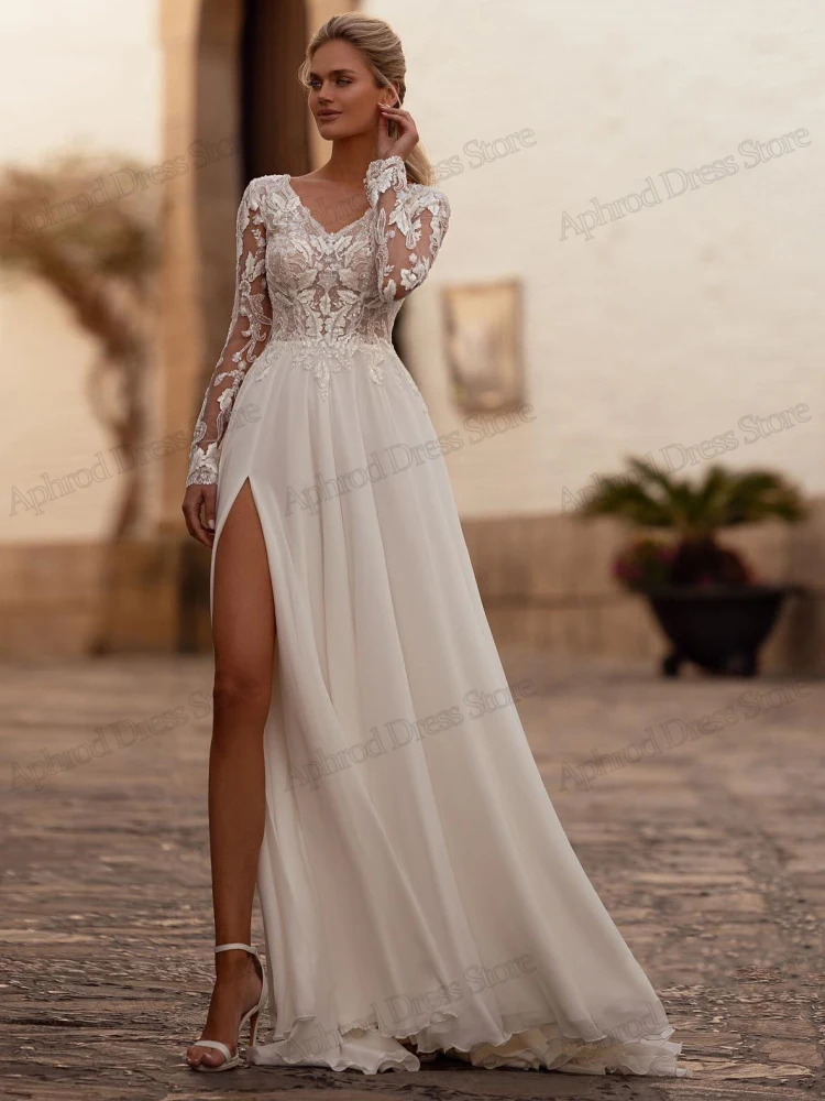 Vestidos De Novia bohemios Vintage, Túnica escalonada De tul con corte en A, apliques De encaje, mangas completas, Sexy, 2024