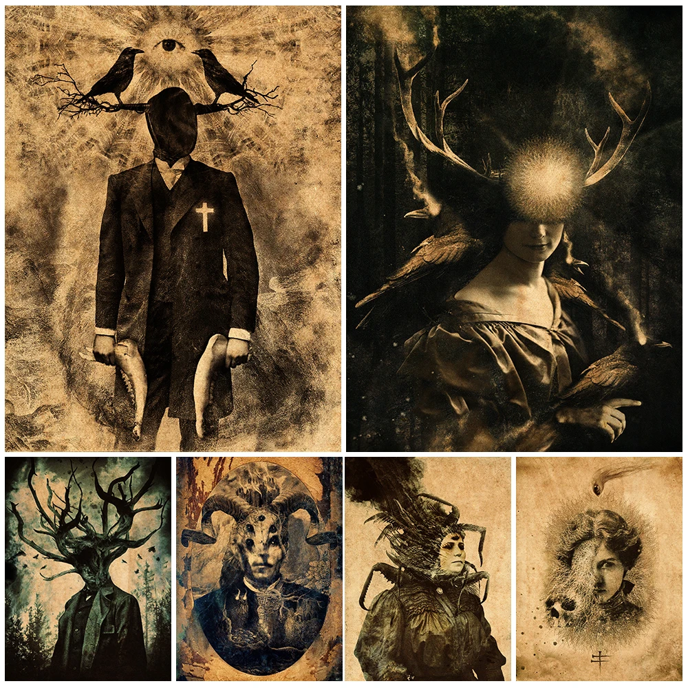 

Mysterious Man With Goat And Terrible Pagan Witch Vintage Wall Art Canvas Painting Gothic Abstract Darkart Poster Print Decor