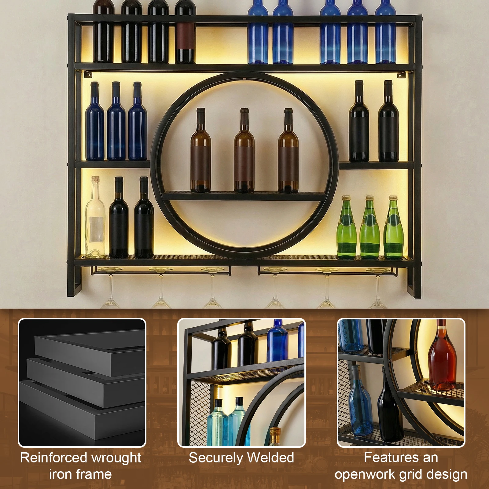 

Wine Storage Rack Metal Wall Mounted Wine Rack 3 Tier with LED Light with Wine Glass Holder for Home Bar Dining Room & Kitchen