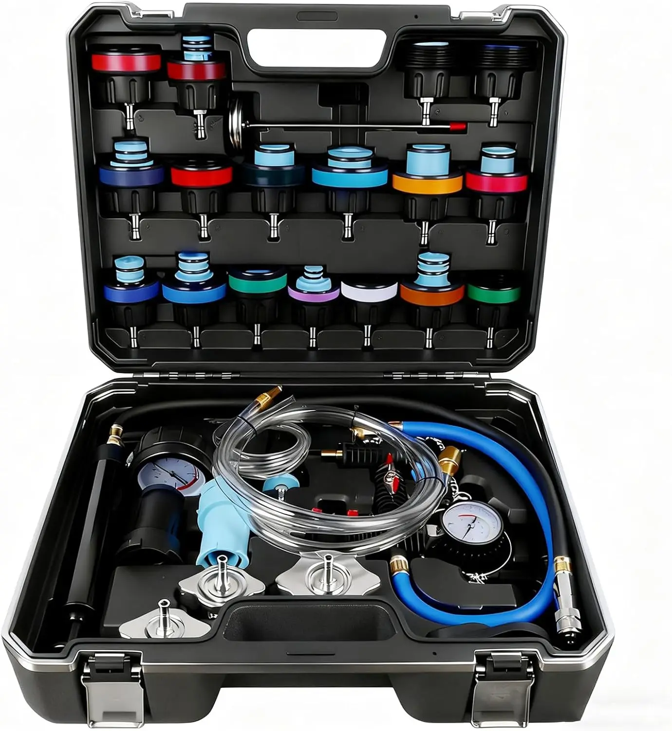 

28-Piece Universal Radiator Pressure Tester Kit with Vacuum Refill for Automotive Cooling Systems
