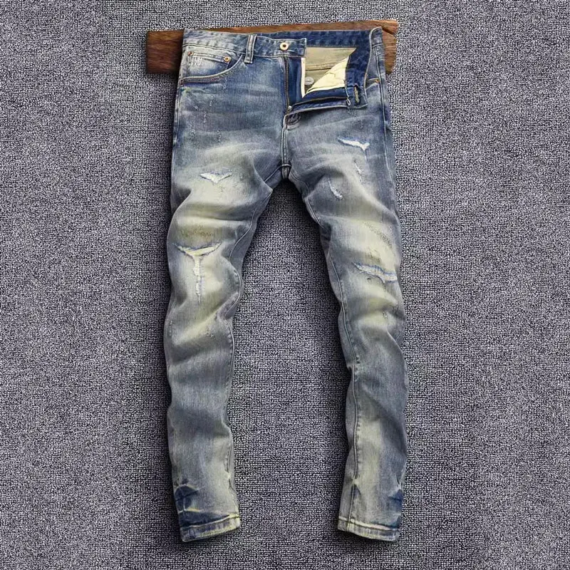 Jeans retrô slim fit rasgado masculino, moda High Street, calças elásticas de motociclista, designer emendado, hip hop