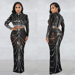 Fashion Women's Mesh Long Sleeve Rhinestone Bodycons Prom Formal Perspective Long Dresses Two Piece Sets Traf Zevity Y2K